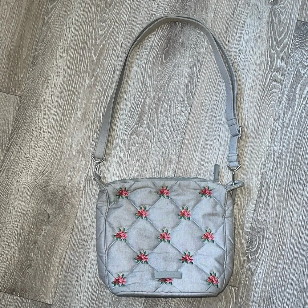 Vera Bradley Carson Hobo Bag in Denim Gray Floral Design, Red And Pink Flowers